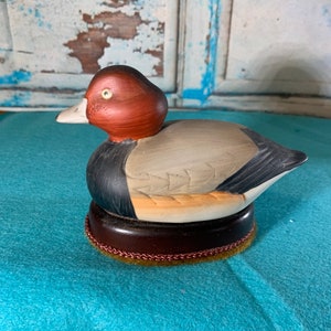 Hand Painted Porcelain Duck Vintage Figurine on Wooden Stand in Excellent Condition!
