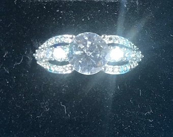 Rhodium Plated Sterling Silver Cubic Zirconia Engagement Ring (Size 7)