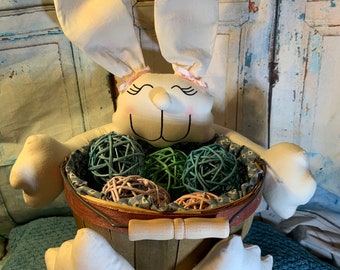 Large Easter Bunny Holding a Basket Full of Home Made Easter Eggs Vintage Basket in Excellent Condition!