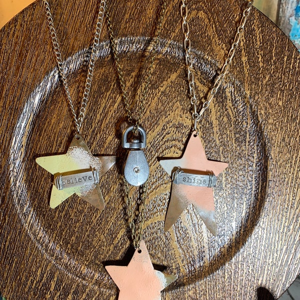 Long Motivational Necklaces From Reclaimed Materials Stars, Believe and Shine Excellent for Layering Look!! NEW