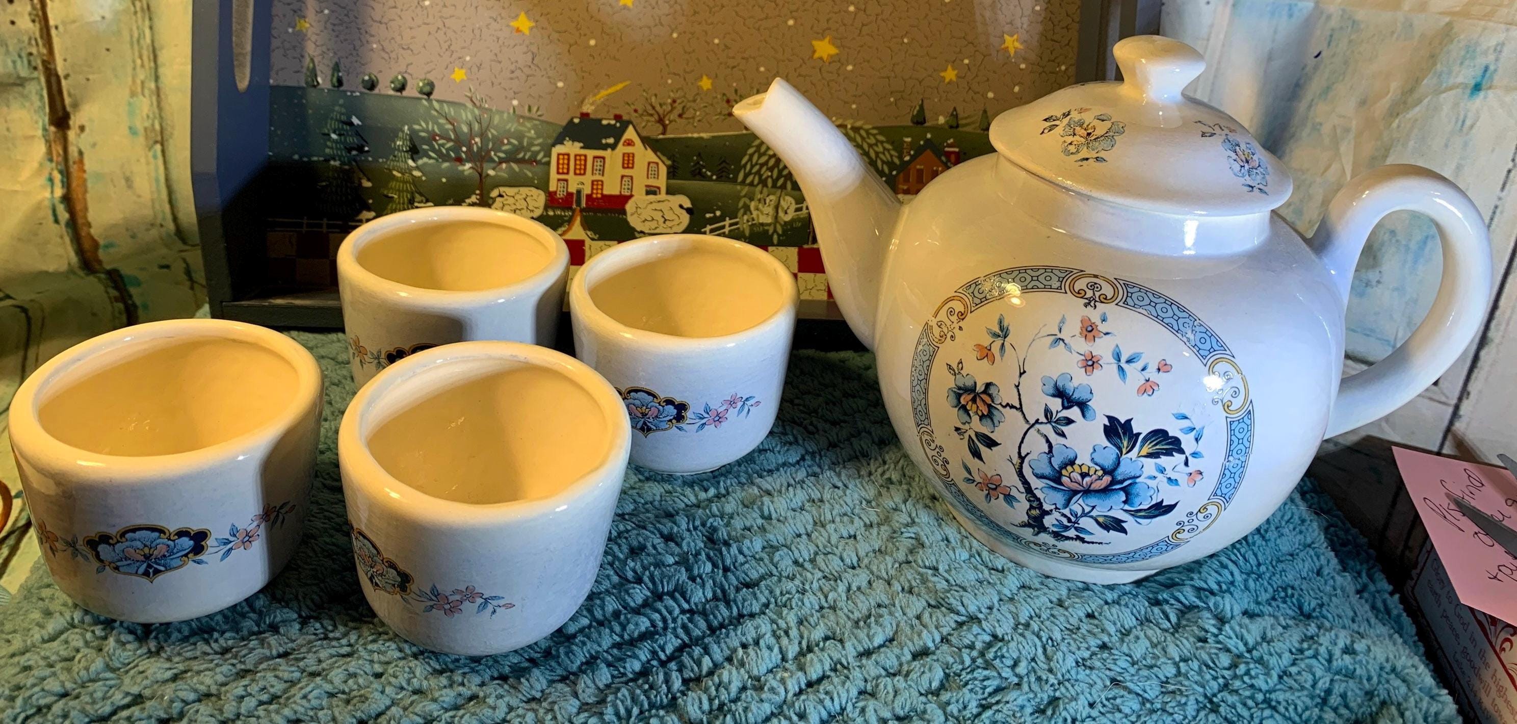 Unique Vintage Japanese Tea Set With Tea Pitcher and 4 Cups Floral