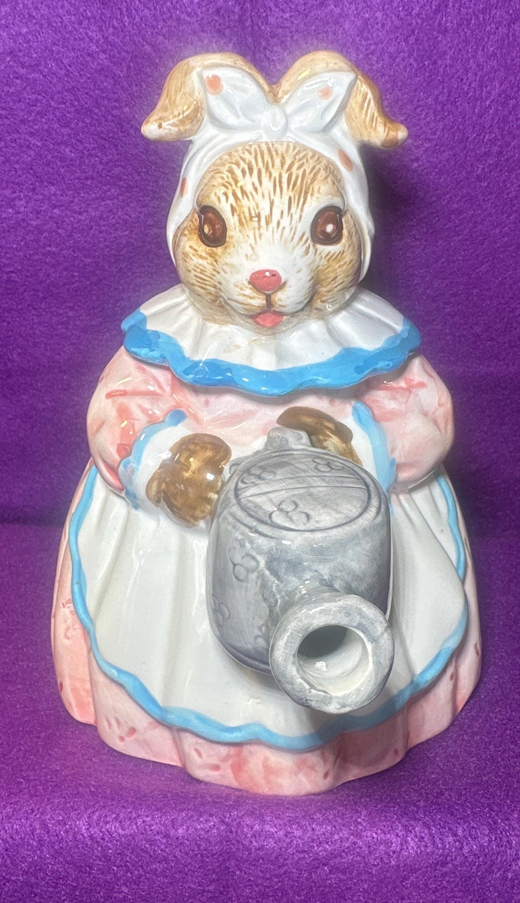 Bunny Teapot, Heritage Mint Miss Bunny Teapot, Porcelain Rabbit Shaped Figural Decorative Tea Pot Pink White Blue Dress Apron Scarf...