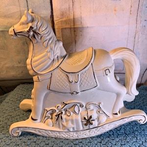 Christmas Musical Rocking Horse Vintage Porcelain Rocking Horse with Gold Trim and Tune “We Wish You a Merry Christmas”!