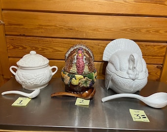 Vintage Ceramic Serving Tureen with Ladle: Turkey or Veggie Design.  Your Choice!!!