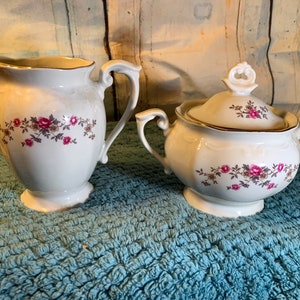 Antique Lidded Sugar Bowl and Creamer Pitcher Ceramic Set with Flowers and Gold Trim in Great Condition!