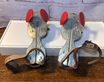 Vintage Union Hardware Adjustable Metal Roller Skates with Leather Straps | Red Steel Clamp-On Skates | Mid-Century Toy | Retro Display Deco