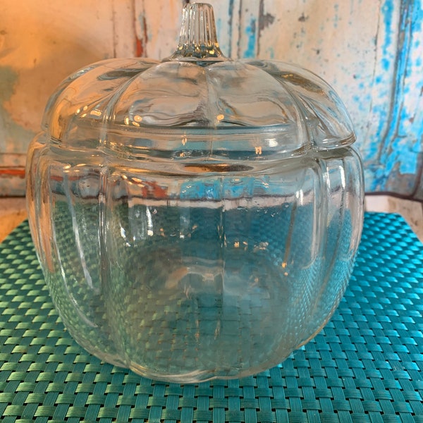 Vintage Anchor Hocking Clear Glass Pumpkin Cookie or Candy Jar CanIster EXCELLENT Condition!