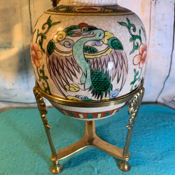 Vintage Japanese Vase with Brass Stand Ceramic Hand Painted with Crane and Flowers in Excellent Condition!