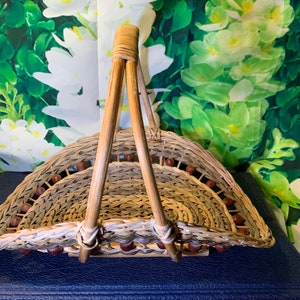 Hand Crafted and Beaded Basket- Vintage Hand Woven Basket with Tall Handle and Beads in Great Condition!