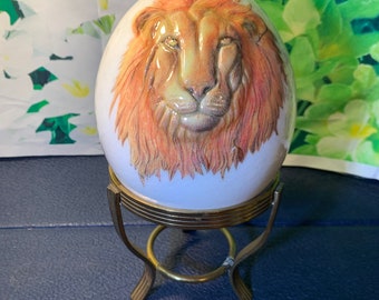 Large African 3D Lion Ostrich Egg With Stand - Handmade Large Vintage Egg with Lion and Map with Solid Brass Custom Stand!