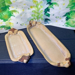 Oblong Hand Made Platters- Vintage Hand Painted Beige and Brown Platters Signed by Artist Your Choice in Excellent Condition!