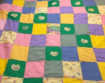 Vintage Quilt 72"x56" Toddler/Twin Throw Sized Handmade Tied Patchwork Quilt. Nine Patch  Block Pattern. Dragonflies, Frogs, Flowers, Hearts