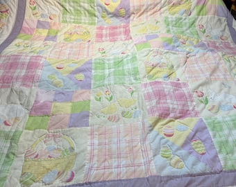 Vintage Easter Blanket Quilted with Bunnies, Chicks, Colored Eggs, Pink Bows. Queen/ Full Size.