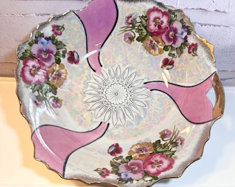 Vintage Trimont Ware Japan Iridescent Lusterware Bowl, Hand Painted Floral Scalloped Edge Purple Violet Serving Bowl, Cottagecore Decor.
