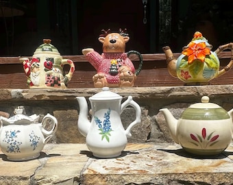 Teapots, Blue Rose Teapot, Cracker Barrel Blue Flower Teapot, Peir 1 Verone Teapot, Santa Teapot, Reindeer Teapot, Tropical LaDolce Teapot