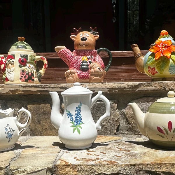 Teapots, Blue Rose Teapot, Cracker Barrel Blue Flower Teapot, Peir 1 Verone Teapot, Santa Teapot, Reindeer Teapot, Tropical LaDolce Teapot