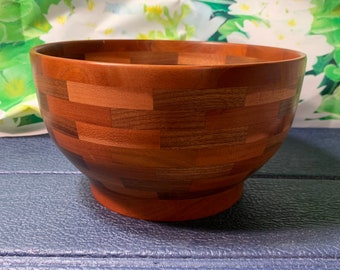 Exotic Hand Made Wooden Salad Bowl- Hand Turned Cherry and Walnut Bowl signed by Artist in Excellent Condition!