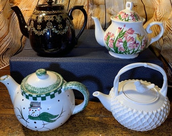 Vintage Hand-Painted Ceramic Teapot: Floral, Snowman, and More! Your Choice!!