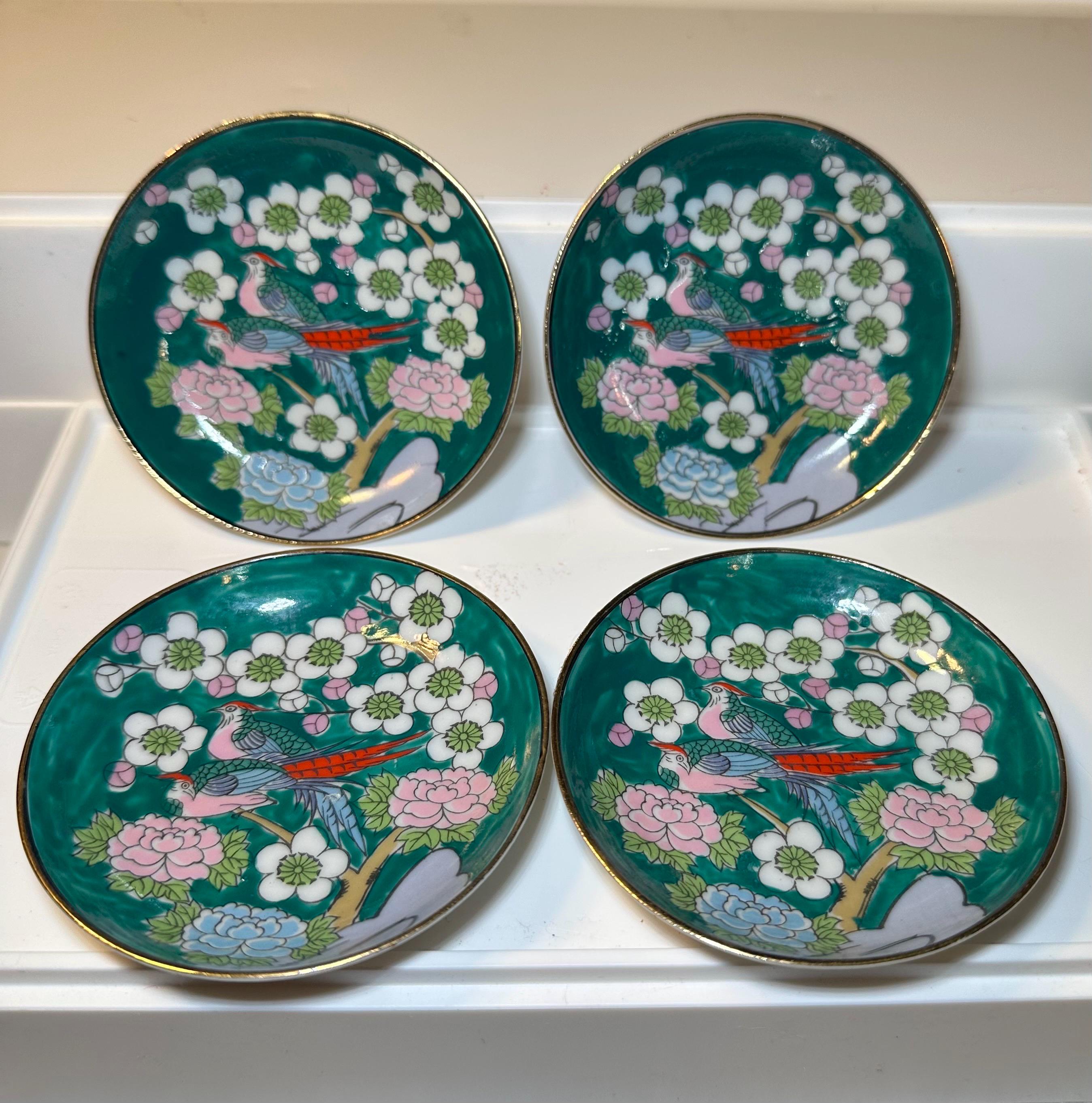 八角形の花と鳥の絵皿 10インチ