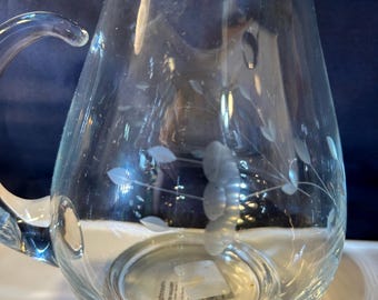 Clear Glass Pitcher with Etched Leaves and Flowers Beautiful Pitcher and Suprisingly Lightweight!!