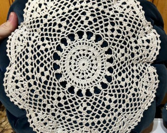 Set of Two Pillows with Hand Crochet Doilies Attached. Beautiful Soft Blue Velvet 12" Round Pillows.  Granny Core, Farmhouse Decor.