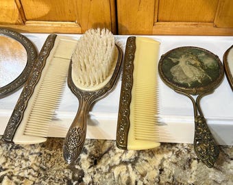 Two Sets of Antique Mirror, Comb and Brush in Silver Plated or Antique Gold Your Choice!!