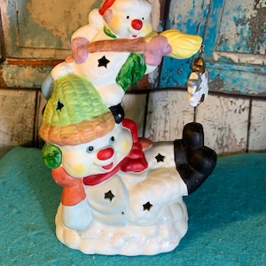 Snowman Tea Candle Holder Vintage Christmas Porcelain NEW in Original Box!