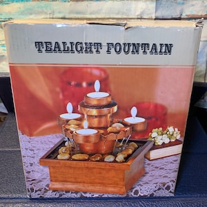 Tea light Fountain- Vintage Tea Candle Holder  with Soothing Water Fountain and Decorative Stones NEW in Original Box!