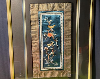 Vintage Chinese Blue Silk Embroidery in Frame Features Bird on Foilage.