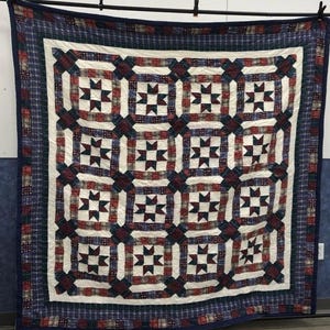 Vintage Handmade Quilt. Checkered Star Americana Quilt 79"x79" Blue and Green Plaid Fabrics. Aka Puritan Star, Sawtooth or Plaid Stars Quilt