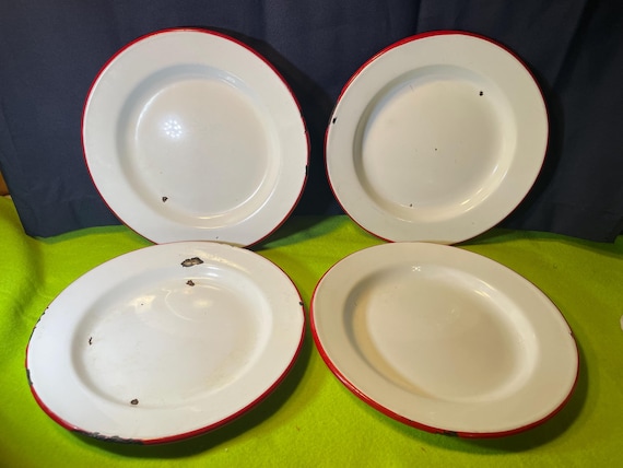 Platos antiguos de esmalte Juego de Blancos con borde rojo