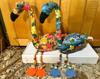 Adorable Hawaiian Flamingos. Shelf Sitters. Set of Two