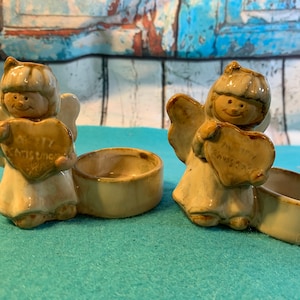 Christmas Ceramic Vintage Set of Two Small Angel Tea Candle Holders in Excellent Condition!