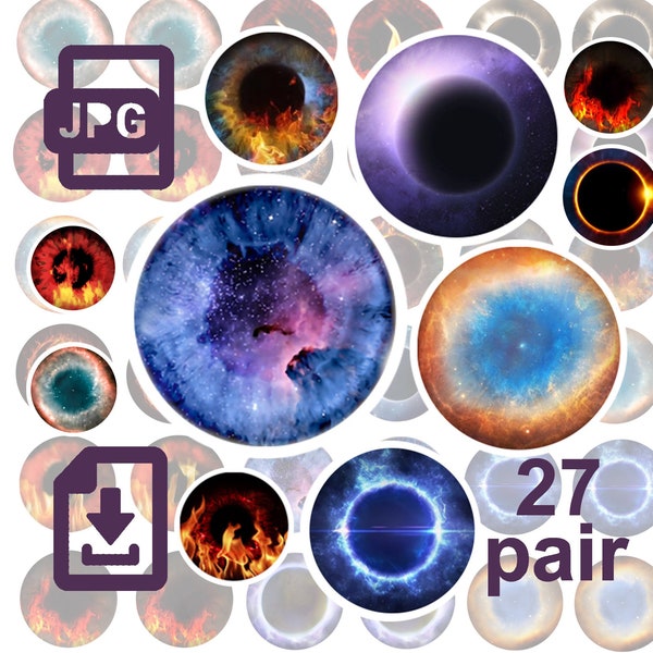 27 paire de 14 mm Fantasy Mix Eye Chips avec espace de feu et éclipse Eye Printable mini set Prints Digital Doll Eyes 10x15 cm, JPG Eyes 14mm