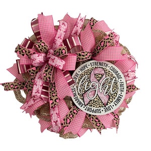 Breast Cancer Awareness Pink Wreath, Cancer Fighter Warrior Survivor Gift, Pink Cheetah Fight Cancer Hope Door Decor