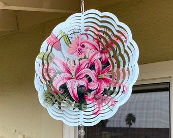 Stargazer Lily Wind Spinner, Hanging Bright Colored Summer Flower Wind Sun Catcher, Twirling Outdoor Gifts, Lily Flower Gift for Gardener