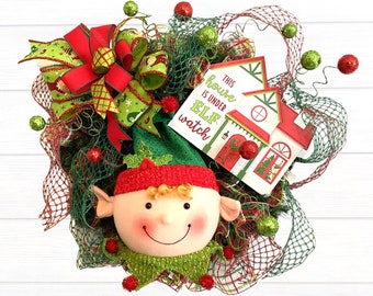 Christmas Elf Wreath for Front Door, Whimsical Holiday Decor, Handmade Green and Red Mesh Ribbon