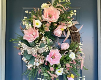 Elegant Pink Magnolia Year Round Wreath for Front Door, Xtra Large Everyday Floral Wreath, Handmade  Wreath with Pink Magnolias