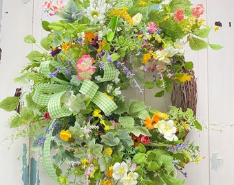 Summer Wildflower Wreath for Front Door, Spring English Garden Style Wreath, Country Cottage Garden Mothers Day Gift, Hanging Fairy Garden