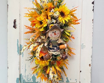 Fall Swag Wreath with Sunflowers and Scarecrow, Vibrant Autumn Colored Door Swag, Golden Thanksgiving Home Wall Decoration