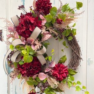Burgundy Hydrangea and Dahlia Fall Wreath, Faux Floral Wreath for Front Door, Boho Autumn Door Wreath, Thanksgiving Floral Grapevine Wreath