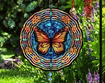 Faux Stained Glass Monarch Butterfly 10 Inch Double Sided Metal Wind Spinner, Yard Art, Mothers Day Gift, Housewarming, Birthday Gift