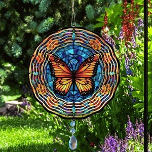 Monarch Butterfly Wind Spinner, Hanging Stained Glass Effect Butterfly Wind Spinner, Butterfly Gifts, Yard Art Metal Butterfly Sun Catcher image 1