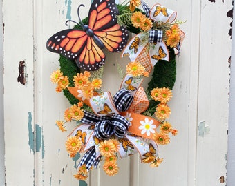 Summer Butterfly Wreath for Front Door, Monarch Butterfly Mother's Day Gift, Floral Moss Wreath for Spring Summer, Handmade gift for Mother