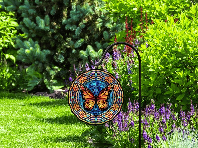 Monarch Butterfly Wind Spinner, Hanging Stained Glass Effect Butterfly Wind Spinner, Butterfly Gifts, Yard Art Metal Butterfly Sun Catcher image 2