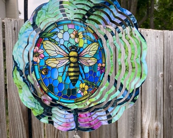 Honey Bee Wind Spinner, Hanging Stained Glass Effect Bee Wind Spinner, Bee Gifts, Yard Art Metal Honey Bee Wind Sun Catcher