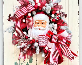 Vintage Santa Christmas Wreath, Red and White Holiday Door Decor, Light Up Santa Face Wreath, Candy Cane Ribbon Christmas Decoration