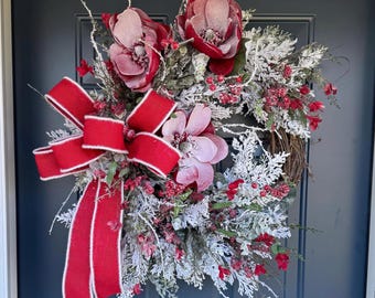 Red Magnolia Snowy Wreath for Front Door, Winter Holiday Decor, Christmas Floral with Pine and Berries