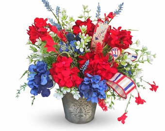 Americana Floral Hanging Metal Bucket, Red White Blue Vintage Rustic Summer Front Door Decor