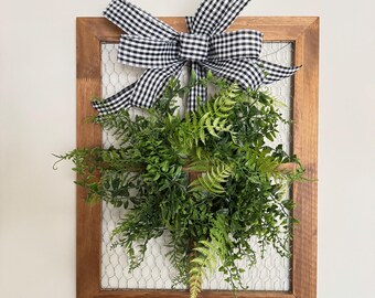 Fern Mini Wreath on Chicken Wire Frame, Modern Country  Kitchen Decoration, Greenery Wall Hanging